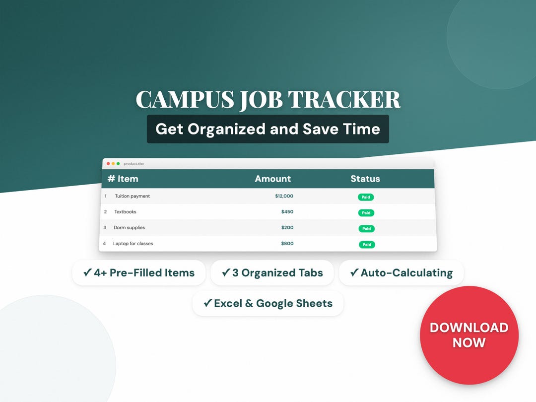 Campus Job Tracker | College Excel Template | Student Planner | Google ...