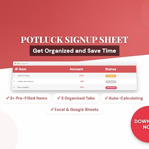 Inschrijfformulier Potluck | Excel-sjabloon feestplanning | Voedselorganisator evenement | Google Spreadsheets