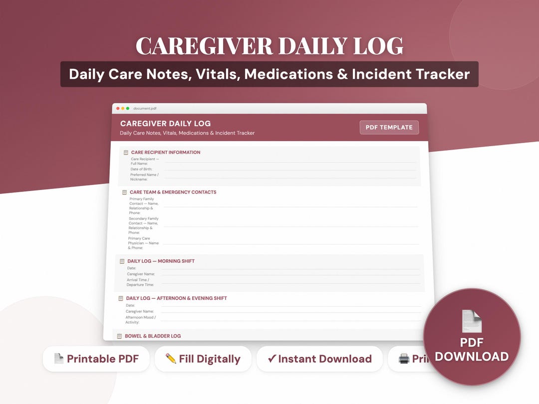 Weekly Care Note Caregiver Daily Log | Care Notes, Vitals, Medication Tracker (PDF ...