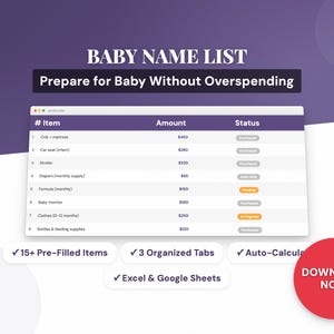 Baby Name Tracker Excel | Google Sheets Template (Digital Download)