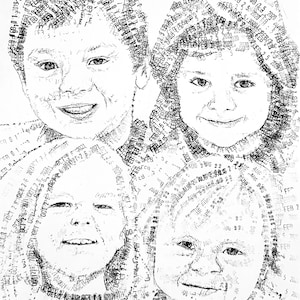 Puede incluir: Una ilustraci&oacute;n de retrato tipogr&aacute;fico en blanco y negro con cuatro rostros compuestos enteramente por fechas y nombres repetidos, incluyendo FEB 01 2019, FEB 25 2020, OCT 26 2021, AUG 22 2024 y el nombre Katie Weston, creando un mosaico de texto.