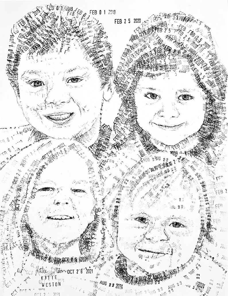 Puede incluir: Una ilustraci&oacute;n de retrato tipogr&aacute;fico en blanco y negro con cuatro rostros compuestos enteramente por fechas y nombres repetidos, incluyendo FEB 01 2019, FEB 25 2020, OCT 26 2021, AUG 22 2024 y el nombre Katie Weston, creando un mosaico de texto.