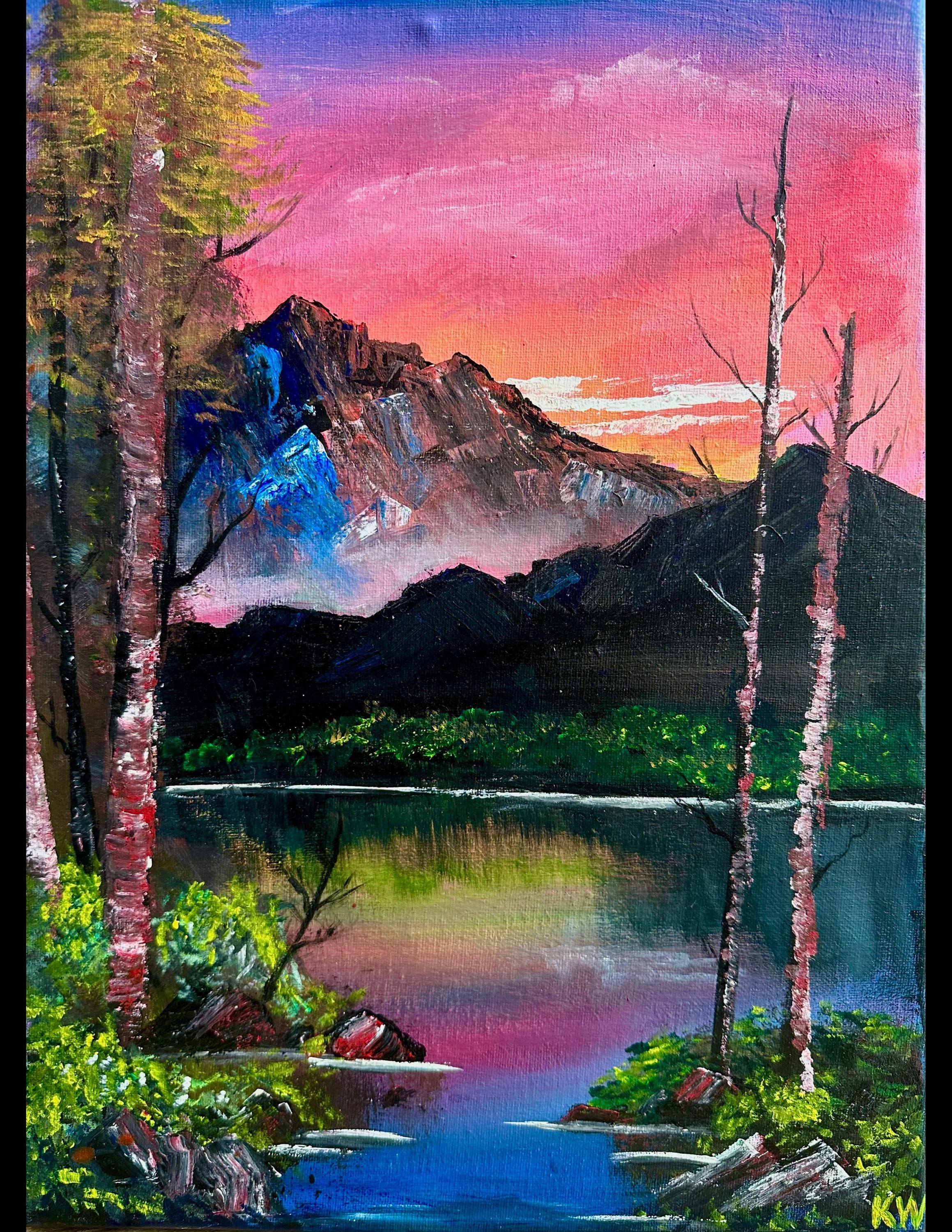 Bob Ross Style Mountain Acrylic Painting Print: Pink Sky Landscape