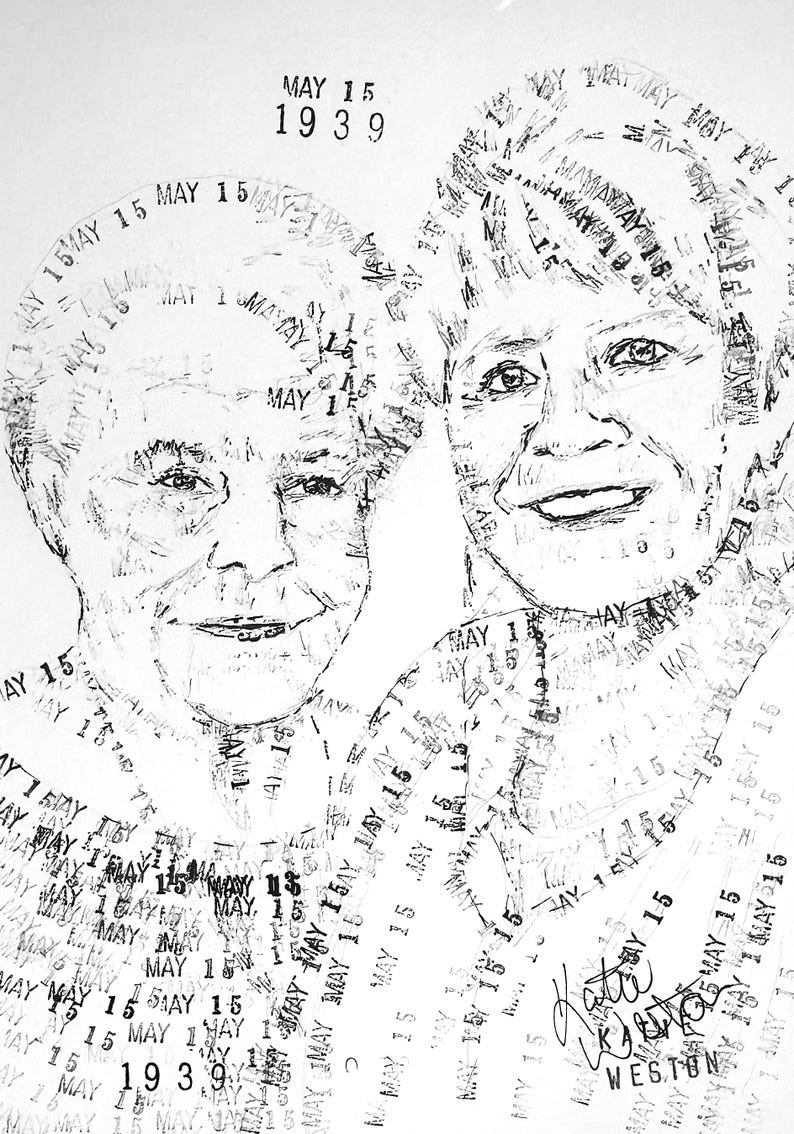 Puede incluir: Un retrato en blanco y negro de dos personas creado mediante sellos repetidos del texto MAY 15 1939. La imagen presenta expresiones faciales y texturas de cabello detalladas formadas por impresiones de tinta superpuestas, con una firma.
