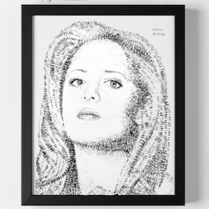 May include: Black framed art print featuring a detailed black and white portrait of a woman. The artwork, signed by Katie Weston, includes the text "BUFFY" and "PREMIERE DATE: MARCH 10, 1997". The portrait is composed of text.