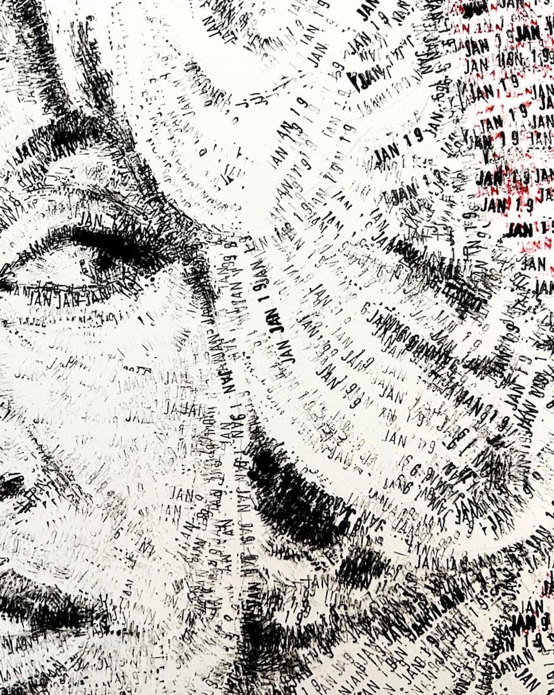 Puede incluir: Una impresi&oacute;n art&iacute;stica en blanco y negro que muestra un rostro humano formado completamente por el texto repetido JAN 19. La densa disposici&oacute;n del texto crea sombras y luces para definir los rasgos faciales, con algunos acentos en rojo.