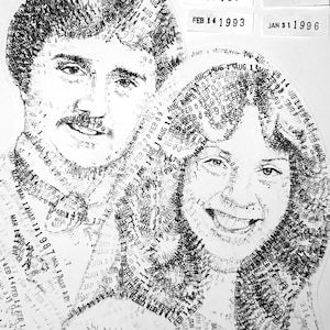 Puede incluir: Un retrato en blanco y negro de dos personas creado enteramente con sellos de fechas repetidos. El texto incluye fechas como AUG 14 1982, FEB 09 1985, MAR 17 1987, FEB 14 1993 y JAN 31 1996. El nombre Katie Weston aparece impreso en la parte inferior.