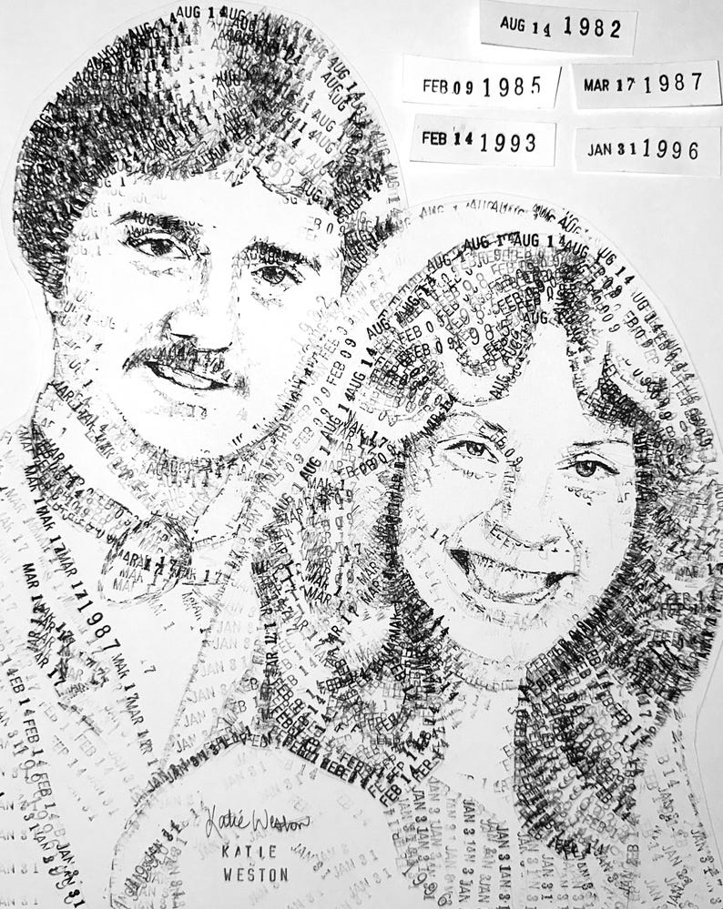 Puede incluir: Un retrato en blanco y negro de dos personas creado enteramente con sellos de fechas repetidos. El texto incluye fechas como AUG 14 1982, FEB 09 1985, MAR 17 1987, FEB 14 1993 y JAN 31 1996. El nombre Katie Weston aparece impreso en la parte inferior.