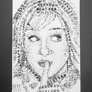 May include: Black and white portrait of a woman with a finger over her lips, created with text. The text includes the name "Hannah Montana" and the date "Mar 24 2006". The artwork is on a white background.