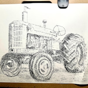 May include: Black and white drawing of a vintage tractor, created with a pattern of dates and numbers. The tractor is depicted in profile, showcasing its wheels, engine, and steering wheel. The year 1928 is visible.