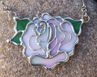 Stained Glass Pink Rose Necklace Sterling Silver Curved Bar Chain