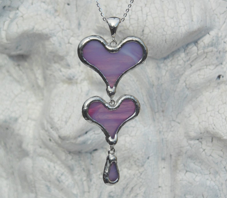 Purple Stained Glass Heart Necklace with Sterling Chain image 1