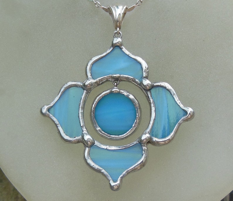 Sky Blue Stained Glass and sterling Lotus Necklace image 4