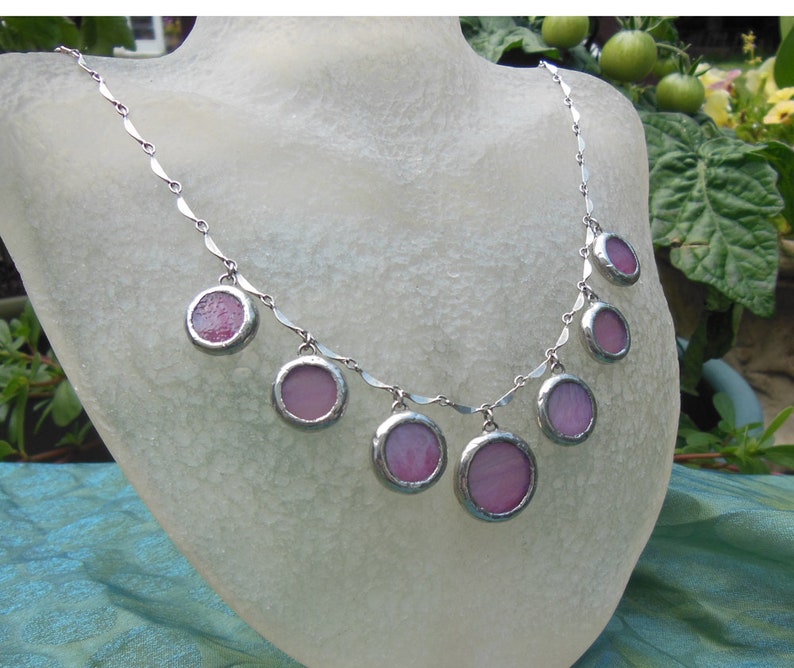 Pink translucent glass circle chandelier necklace image 4