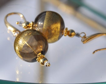 Holi ball amber and gold foil glass earrings