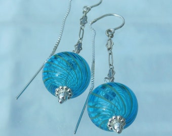 Turquoise glass ball threader earrings