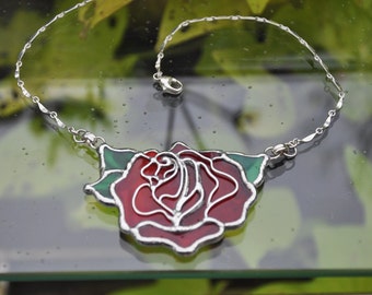 Stained Glass Red Rose Necklace Sterling Silver Curved Bar Chain