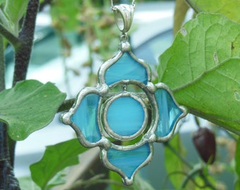 Sky Blue Stained Glass and sterling Lotus Necklace