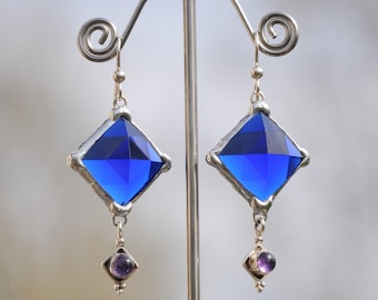 Faceted blue glass diamond earrings