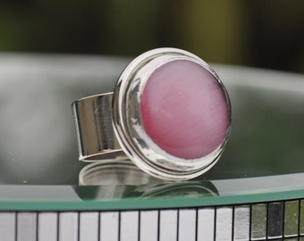 Pink glass cats eye silver ring