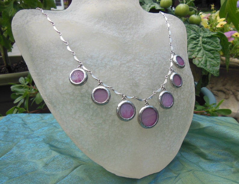 Pink translucent glass circle chandelier necklace image 2