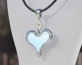 Baby Ice Blue Glass Heart  Sterling Knot on Leather