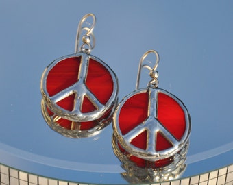 Red stained glass peace earrings