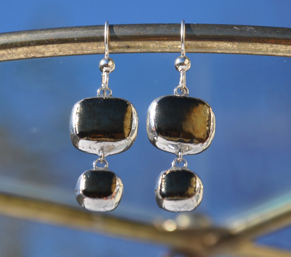 Iridescent Gold Black Fused Glass Rectangle Drop Earrings | Etsy