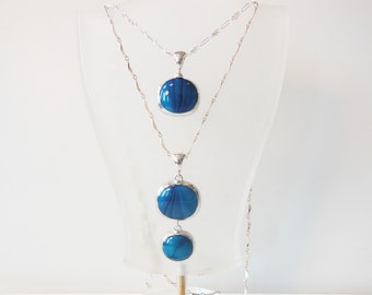 Layered Marbleized teal blue drop necklaces