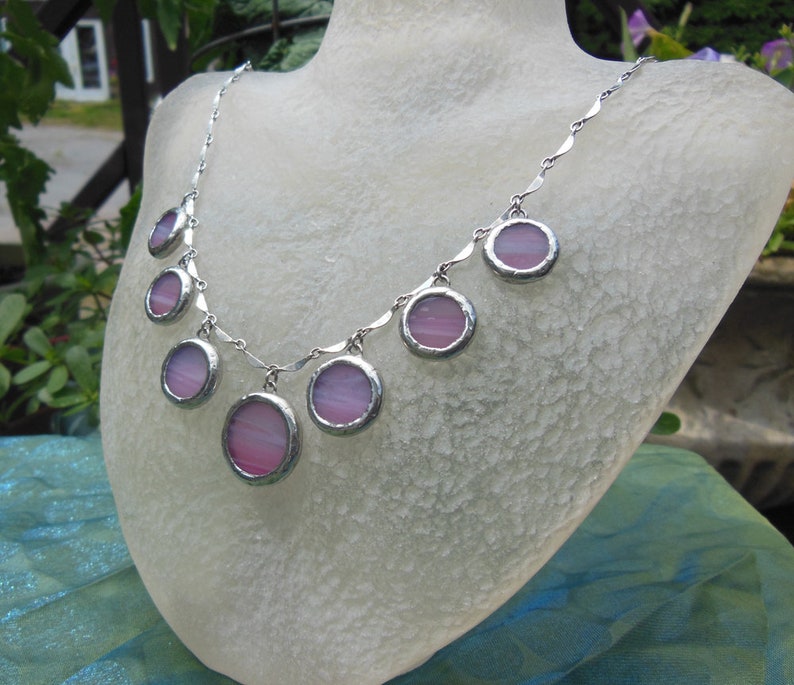 Pink translucent glass circle chandelier necklace image 3