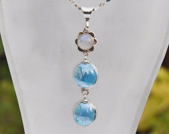 Blue glass drop neckace with flower moonstone