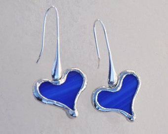 Ultra marine blue glass heart earrings with Sterling