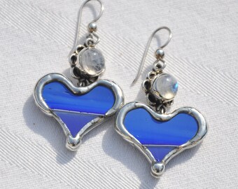 Blue heart flower monstone earring