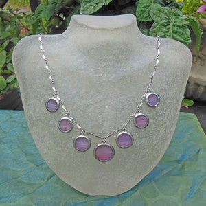 Pink translucent glass circle chandelier necklace image 1