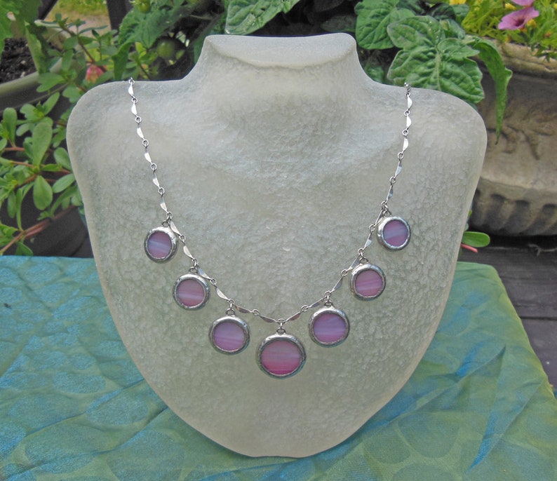 Pink translucent glass circle chandelier necklace image 1