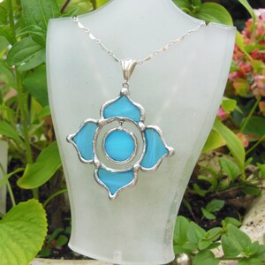 Sky Blue Stained Glass and sterling Lotus Necklace image 5