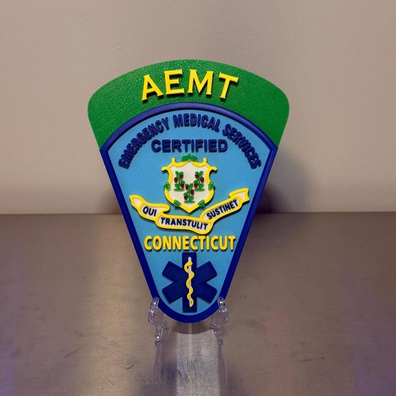 Op de afbeelding: AEMT Emergency Medical Services Certified embleem. Het embleem heeft de vorm van een schild met een groene bovenkant en een blauwe basis. De tekst "AEMT" is geel. Het embleem bevat het zegel van de staat Connecticut en een symbool van de levensster.