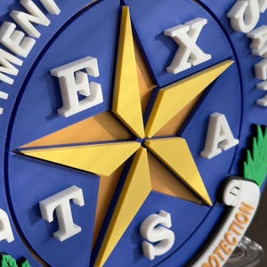 May include: A blue and gold circular sign with a five-pointed star in the center. The star is made of gold and has white letters spelling out "TEXAS" around it. The sign also has white lettering around the outside that reads "Department of Public Safety" and "Courtesy - Service - Protection".