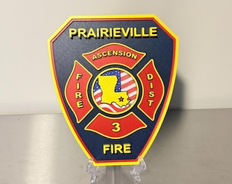 Plaque du service d'incendie de Prairieville, motif en relief 3D (9 x 8 pouces, usage intérieur)