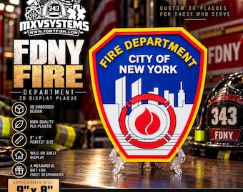 May include: A 9-inch by 8-inch 3D display plaque featuring the Fire Department City of New York emblem. The shield-shaped plaque displays a blue and white skyline, a red flame icon, and the text Fire Department City of New York in yellow.