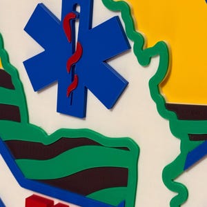 May include: A vibrant emblem with a blue Star of Life symbol and a red staff, set against a white backdrop. The letters "EMS" in red are displayed. The design incorporates green, brown, yellow, and blue elements.