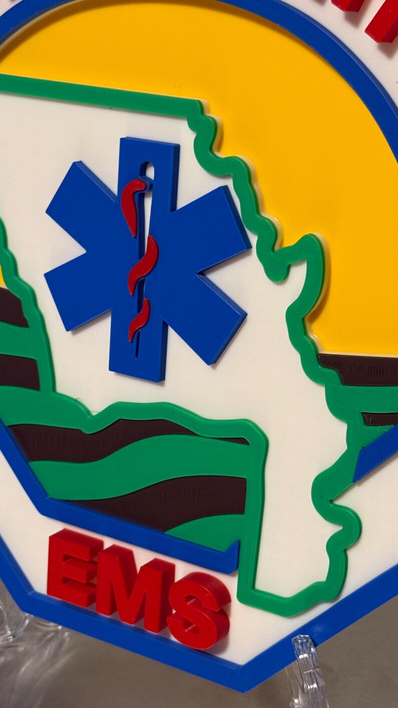 May include: A vibrant emblem with a blue Star of Life symbol and a red staff, set against a white backdrop. The letters "EMS" in red are displayed. The design incorporates green, brown, yellow, and blue elements.