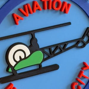 May include: A blue and white round sign with the words "POLICE AVIATION NEW YORK CITY" in red letters. A black helicopter with a green and white rotor is in the center of the sign.