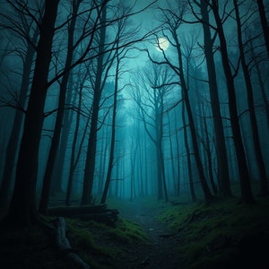 May include: A dark, atmospheric forest scene with tall, bare trees silhouetted against a misty, teal-colored sky. A full moon glows brightly, casting an eerie light. A path winds through the trees, with patches of green grass along the edges.