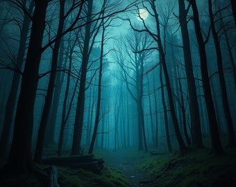May include: A dark, atmospheric forest scene with tall, bare trees silhouetted against a misty, teal-colored sky. A full moon glows brightly, casting an eerie light. A path winds through the trees, with patches of green grass along the edges.