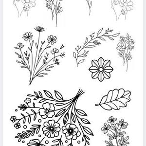 Puede incluir: Ilustraciones en blanco y negro de varios arreglos florales. La imagen incluye flores individuales, ramitas, ramos y hojas. Los diseños detallados son adecuados para proyectos de manualidades o diseño.