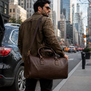 May include: A dark brown duffel bag with a textured crocodile-skin pattern, featuring two top handles and a long adjustable shoulder strap attached with gold-toned metal hardware. The bag has a rectangular shape with rounded edges and reinforced stitching.
