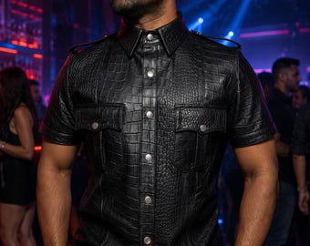Handmade Black Crocodile Embossed Leather Pride Shirt for Men