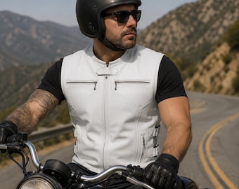 Handmade White Leather Sleeveless Motorcycle Vest Waistcoat for Men