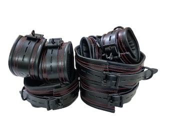 Real Leather Restraints Set, Black with Red Stitching, Heavy Duty Bondage